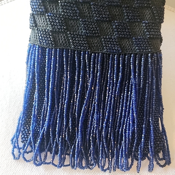 Vintage Blue Beaded Glass Purse Fringed Flapper Handbag. - Picture 3 of 7